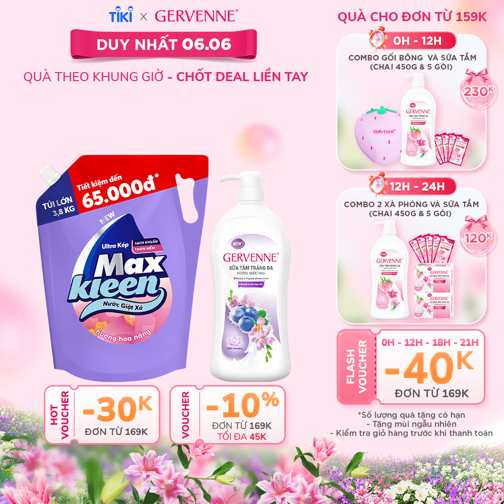 Combo Túi Nước Giặt Xả MaxKleen Hương HOA NẮNG 3.8kg + Sữa tắm trắng da hương nước hoa Gervenne VIỆT QUẤT và LAN NAM PHI 900g