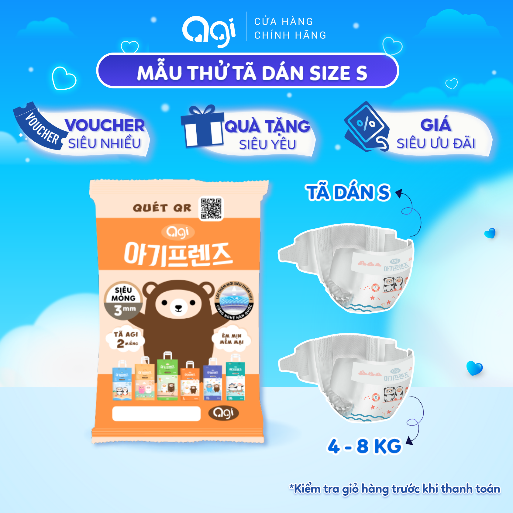 Set 2 Miếng Tã/Bỉm DÁN & QUẦN AGI siêu mỏng 3mm Đủ Size từ 4 - 16 Kg Trở Lên