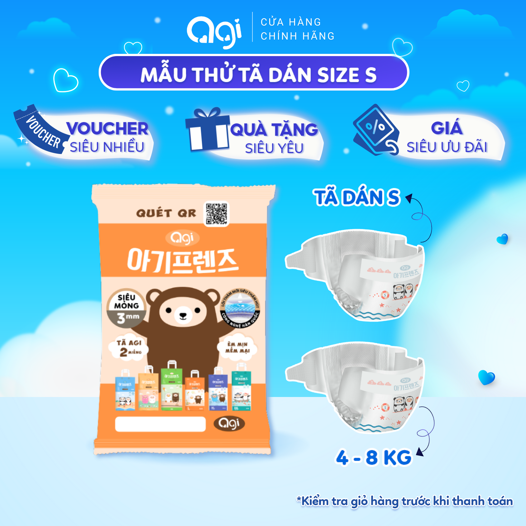 Set 2 Miếng Tã/Bỉm DÁN &amp; QUẦN AGI siêu mỏng 3mm Đủ Size từ 4 - 16 Kg Trở Lên( Công Nghệ Hàn Quốc )