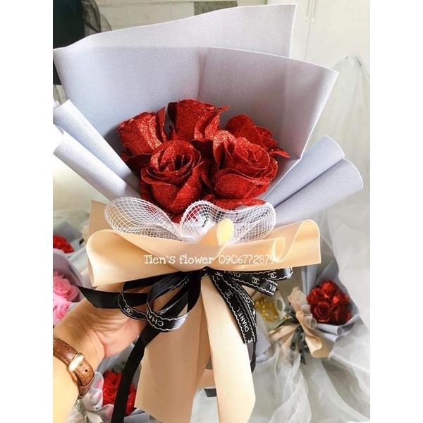 Combo bó hoa nhũ kim tuyến 5 bông kèm túi quai nhựa và thiệp