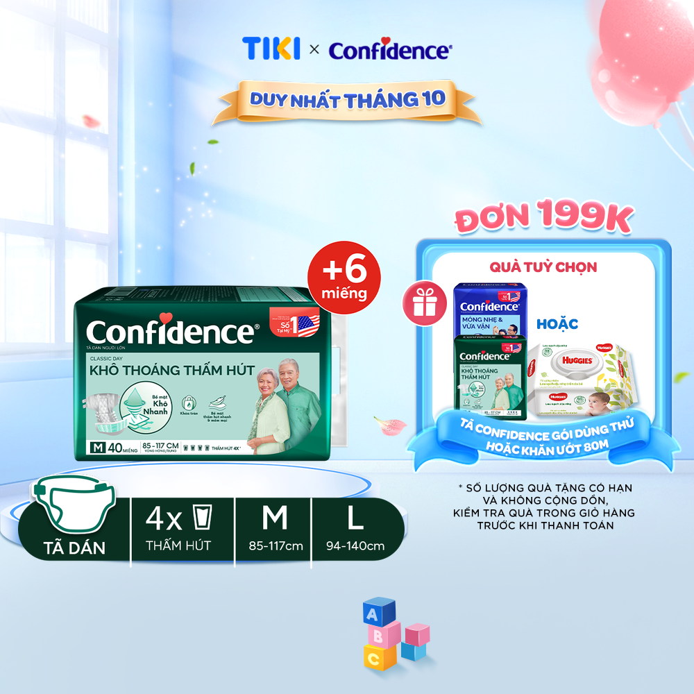 [Tặng thêm tã] Tã dán người lớn Confidence Classic Day Khô Thoáng Thấm Hút M/L 40+6 miếng