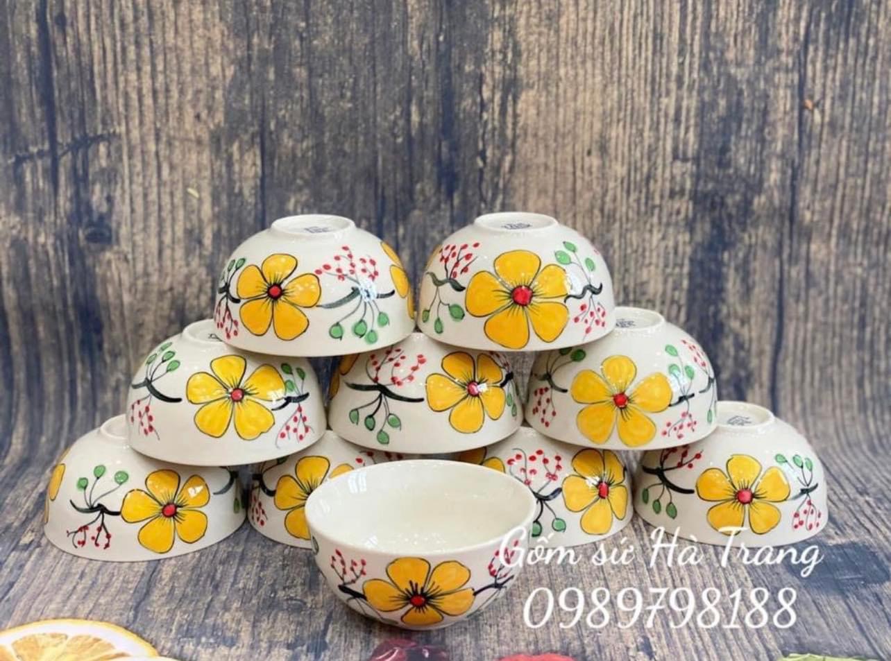 Combo 10 bát cơm gốm sứ Bát Tràng cao cấp vẽ tay hoạ tiết mai vàng