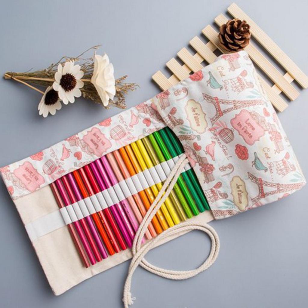 12/24/48/72 Holes Canvas Tower Pattern Color Pencil Wrap / Roll up Pencil Case / Stationery Storage Pack