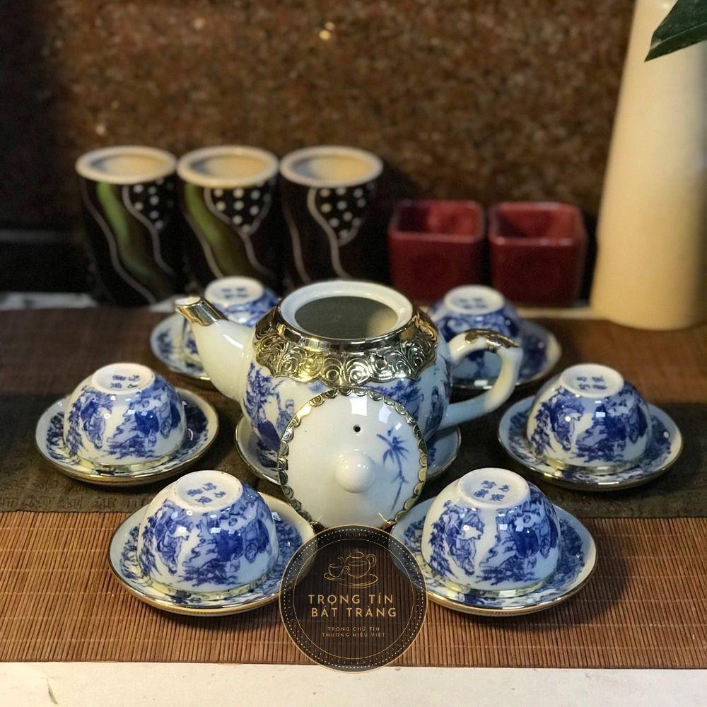 Bộ Ấm Chén Trà Đạo Gốm Trắng Men Lam Bát Tràng Trúc Lâm Thất Hiền Dáng Thủy Bình Dung Tích 300ml ATA 11