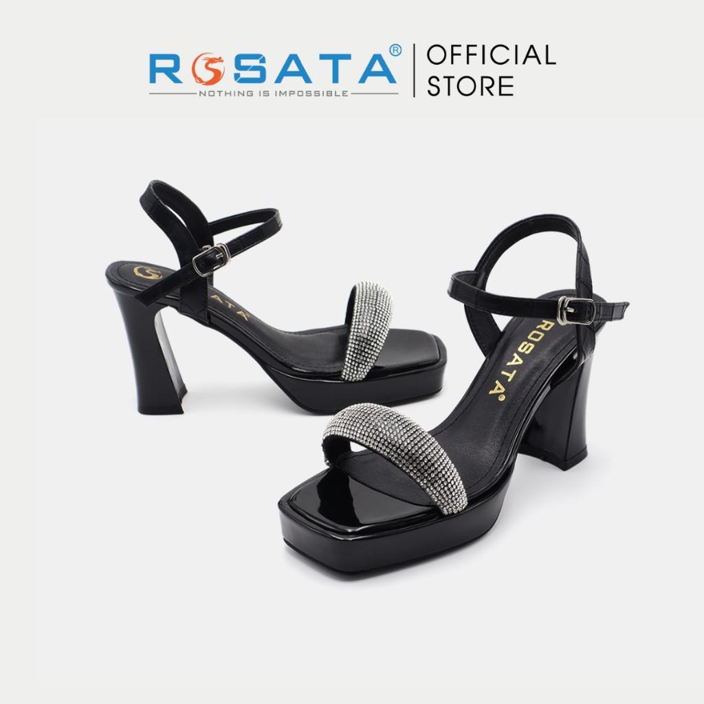 Giày sandal cao gót nữ đế vuông 8 phân mũi tròn phối kim tuyến quai hậu cài khóa mảnh ROSATA RO475 ( Bảo Hành 12 Tháng ) - XÁM
