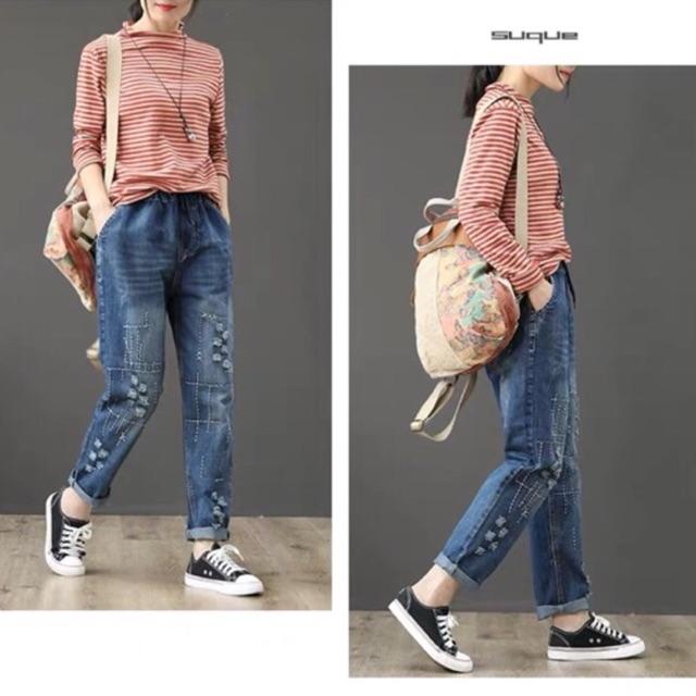 Quần bò dáng dài thêu chỉ Cao cấp QBD-226