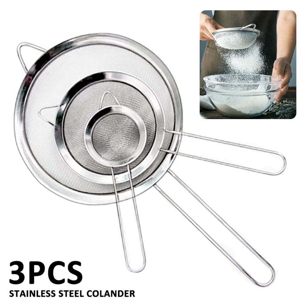 3 Chiếc Lưới Mịn Lưới Lọc Thép Không Gỉ Rây Lọc Lưới Lọc Sifter Bếp Bột Lọc Nhỏ Trung Bình Lớn Kim Loại Dụng Cụ Lọc Bộ