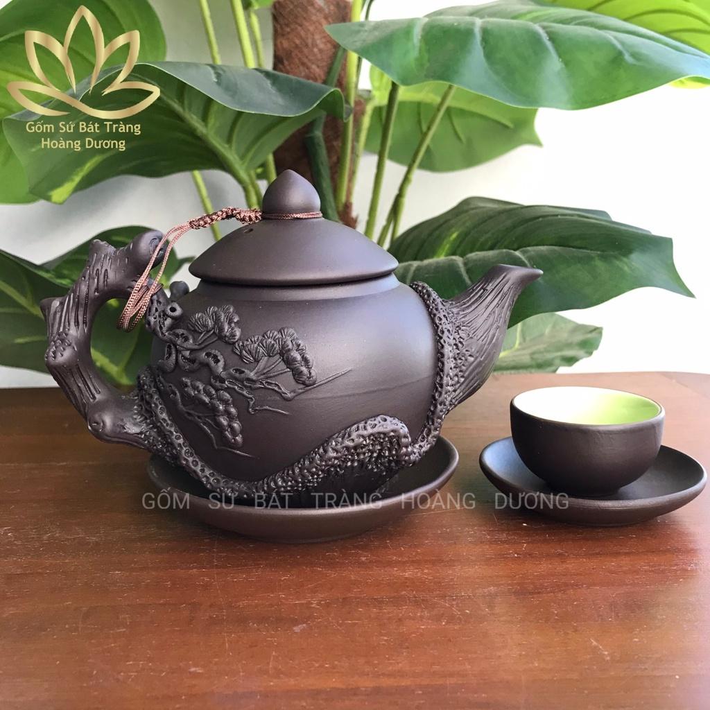 Bộ ấm chén uống trà Tử sa Bát Tràng đắp nổi Lão Tùng đen 400ml