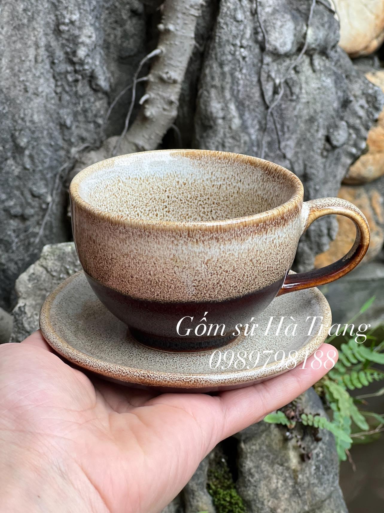 Bộ tách cafe capuchino dung tích 220ml gốm sứ Bát Tràng cao cấp men hoả biến gấm