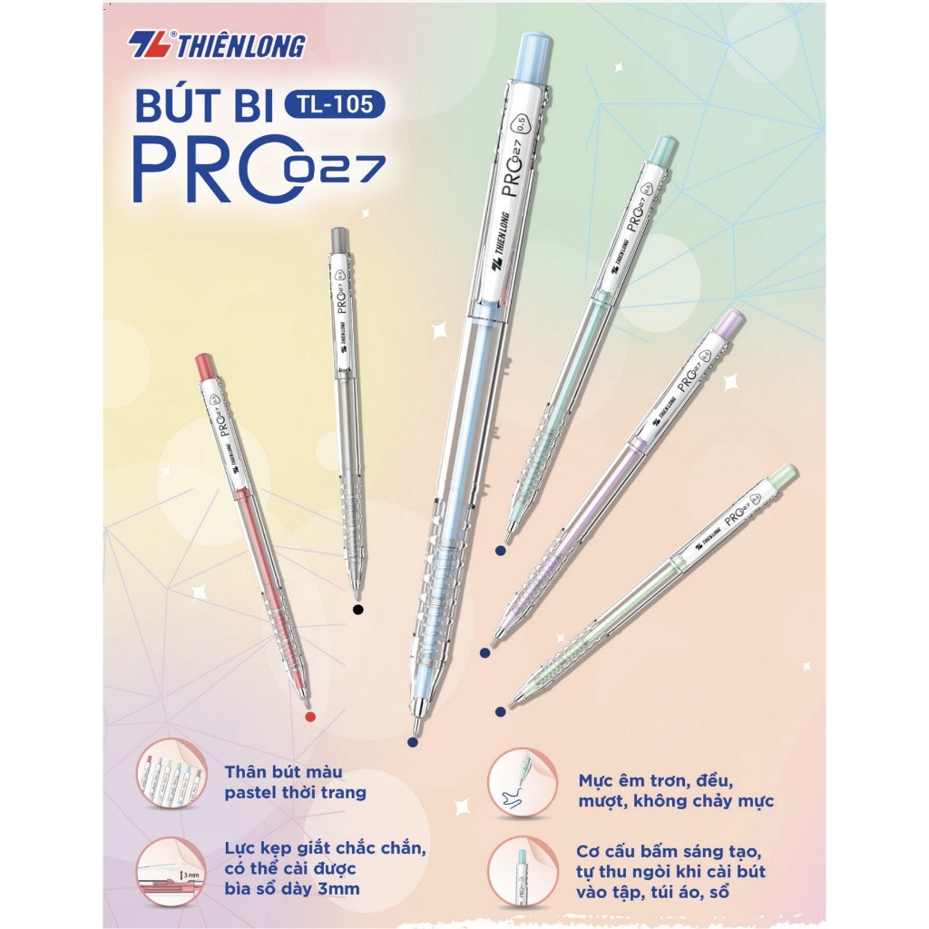 [TẶNG GIẤY NOTE] Hộp 20 Bút Bi Thiên Long 027 Pro TL-105 Ngòi 0.5mm - Thân Bút Màu Pastel Thời Trang