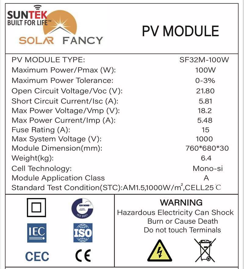 Tấm PIN Năng Lượng Mặt Trời SUNTEK SF32M-100W - Chống Nước/Bụi | Chuyên dụng cho Đèn/Quạt Tích Điện &amp; Acquy Lưu Trữ Điện | Tuổi thọ từ 30 đến 50 năm - Hàng Chính Hãng - Bảo hành 10 năm Tấm Pin NLMT