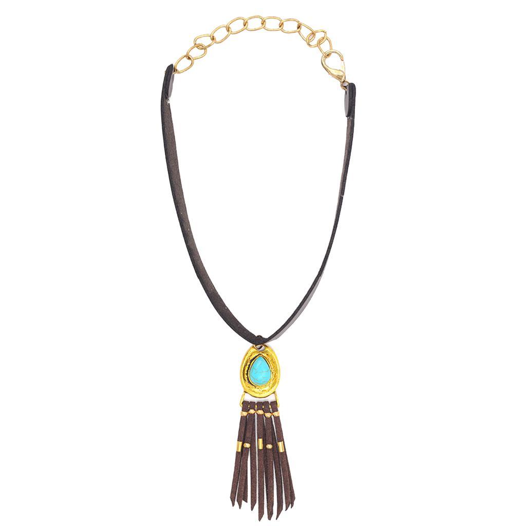 Women Bohemian PU Leather Choker Necklace Charm Pendant with Tassels