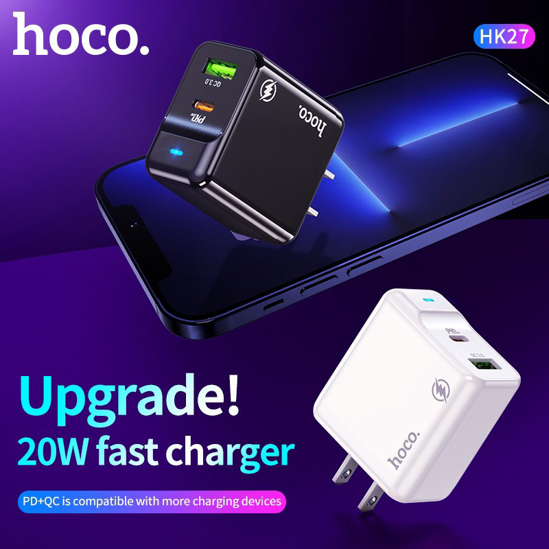 Cốc sạc PD20W Hoco HK27 chân dẹt cổng USB và Type-C , QC3.0 chất liệu chống cháy cao cấp - Hàng chính hãng