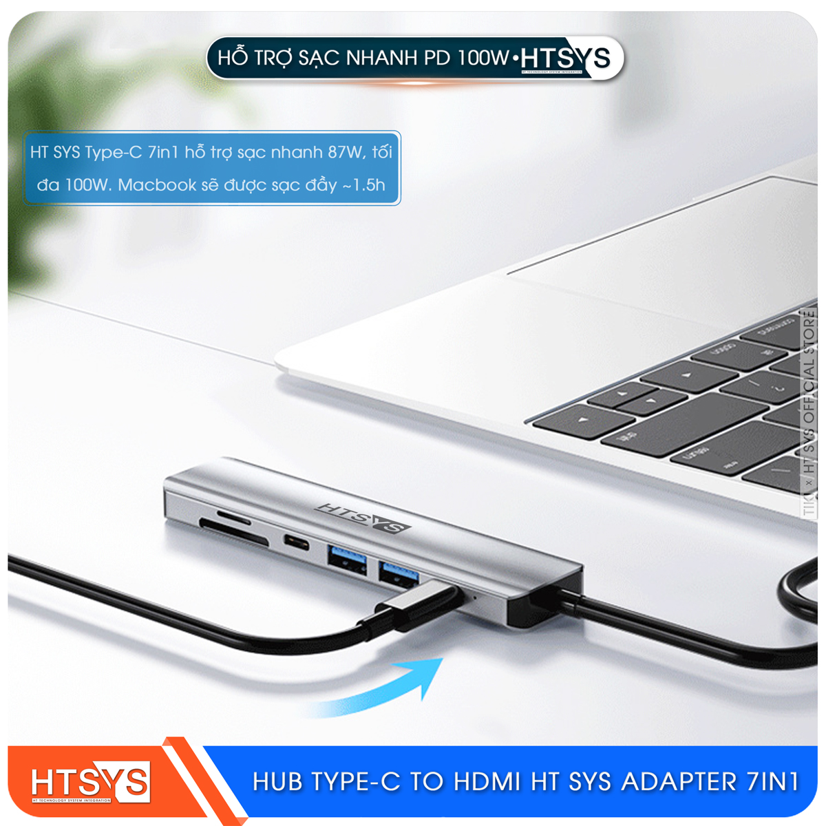 Hub Type C HT SYS 7 in 1 To HDMI, USB 3.0, SD, TF, USB C, PD 100W - Hàng Chính Hãng
