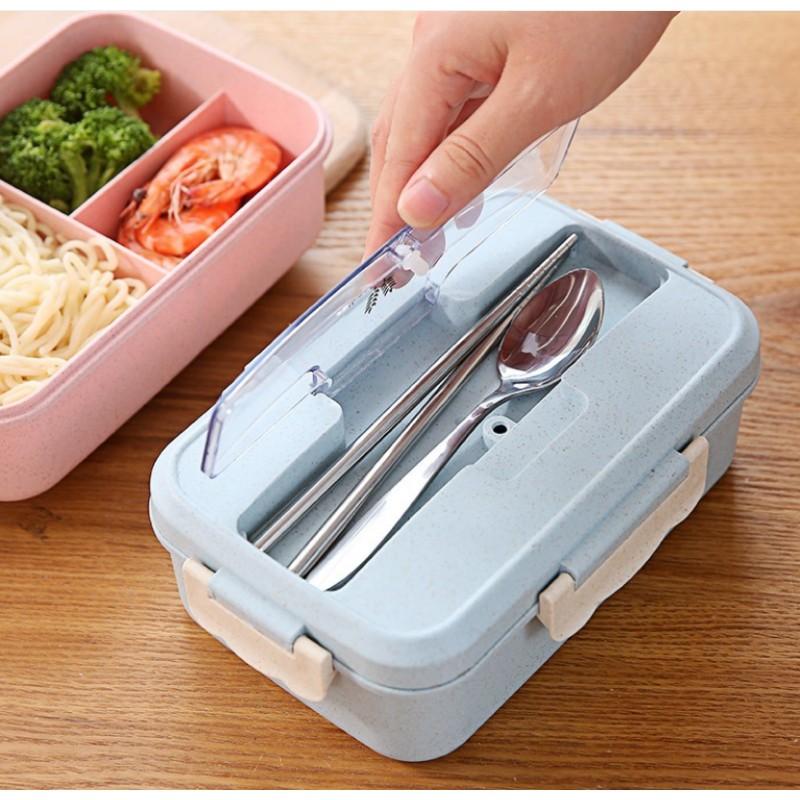 Hộp cơm lúa mạch 3 ngăn kèm đũa thìa inox
