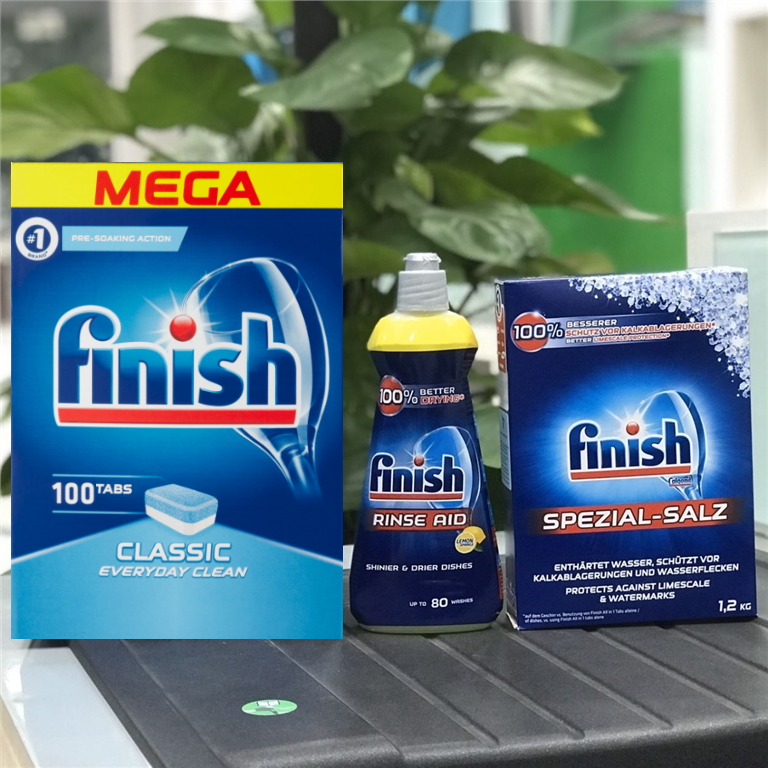 Combo Viên rửa bát Finish 110 viên + Muối Finish 1.2kg + Nước làm bóng Finish 400ml