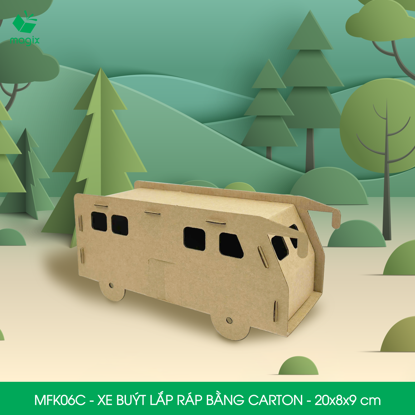 MFK06C - Xe bus carton - 20x8x9 cm - Đồ chơi lắp ráp mô hình từ bìa carton cứng cao cấp