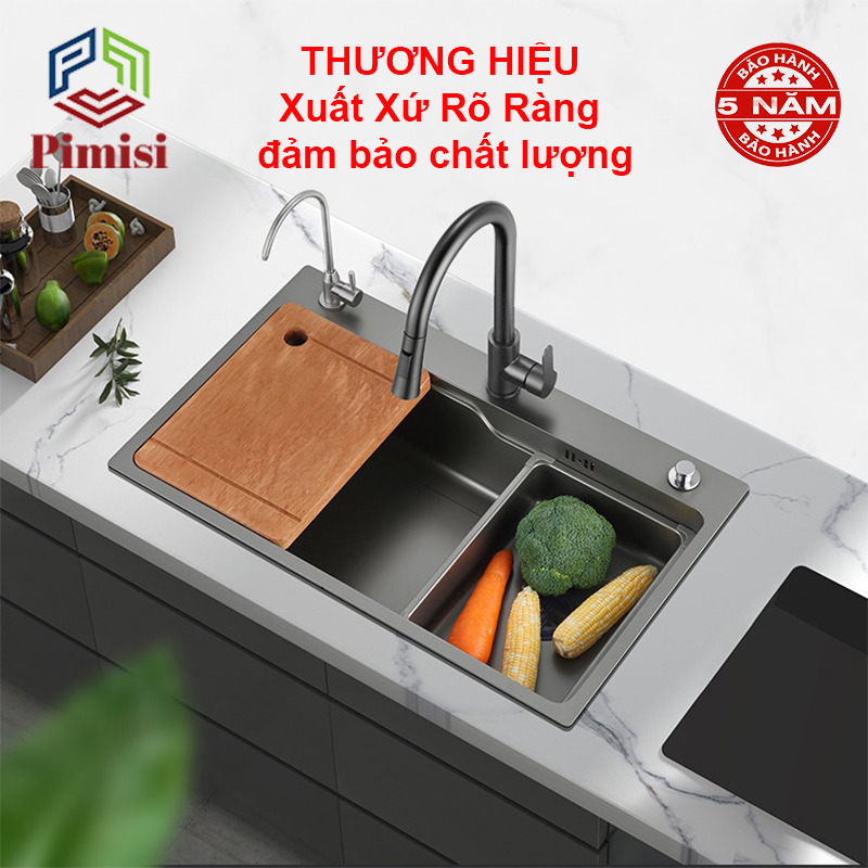 Bồn Rửa Chén Inox 1 Hộc Lớn Pimisi Làm Từ Thép Không Gỉ SUS 304 Nano Silver Bạc Xám Cao Cấp Kiểu Ngăn To 1 Hố, Kèm 1 Khay Chậu Rửa Bát Nhỏ Đơn Gác Bồn Sang Trọng Với Đầy Đủ Phụ Kiện Xi Phông, Gắn Được Âm - Dương Bàn Đá Bếp | Hàng Chính Hãng