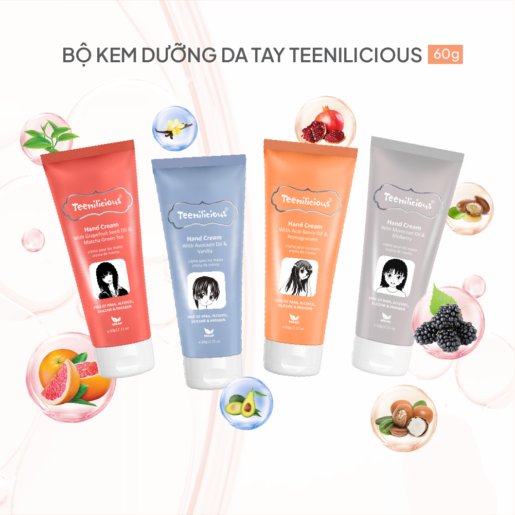 Kem Dưỡng Da Tay Teenilicious Hand Cream With Acai Berry Oil &amp; Pomegranate Giúp Dưỡng Ẩm, Mềm Mịn Da 60g