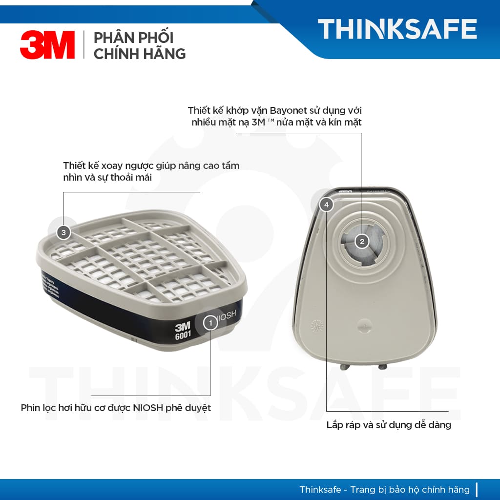 Mặt nạ phòng độc 3M Thinksafe, chống độc, lọc bụi siêu mịn, xịt sơn, lọc hóa chất, bảo vệ hô hấp, chính hãng - 6200/6001