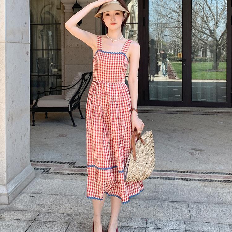 DONGSHOP Thiết kế kiểu Pháp Sense Sling Dress Nữ 2023 Mùa hè Slim Extra Fairy Tea Break Dress Red Checked Mid Dress