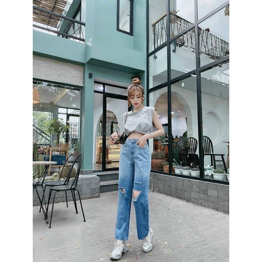 Quần Jean Nữ Ống Rộng Lưng Cao Rách Gối Phong Cách Ulzzang Năng Động, Chất Bò Dày Dặn 2 Màu Xanh Và Xám NB Stores