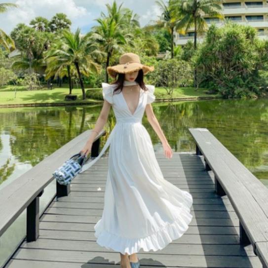 Đầm maxi đi biển váy maxi trắng xẻ cánh tiên có ảnh thật và video