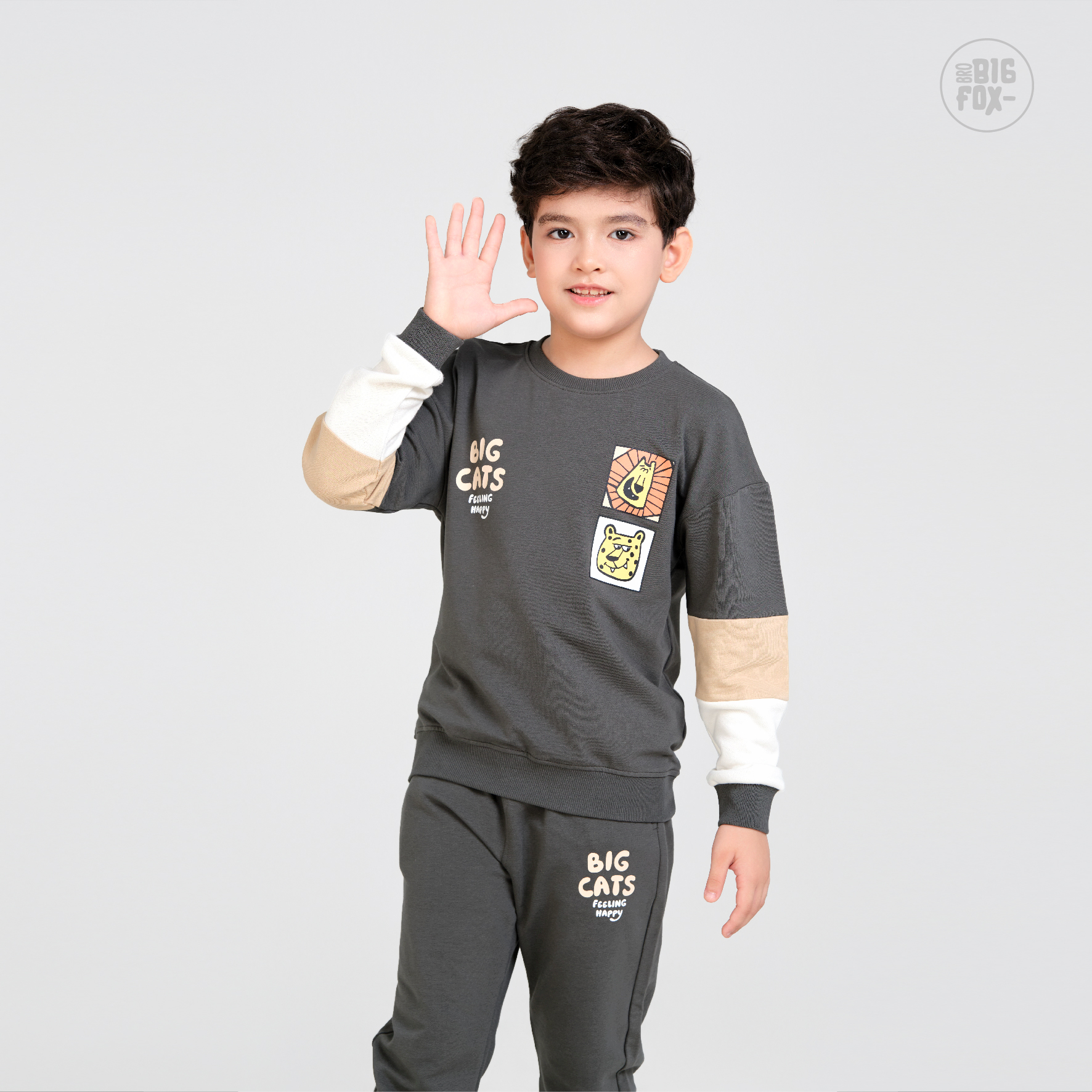 Bộ nỉ thu đông cho bé trai Bigfox Miss Meow size đại dài tay phối màu phom Hàn cỡ trẻ em 3-11 tuổi