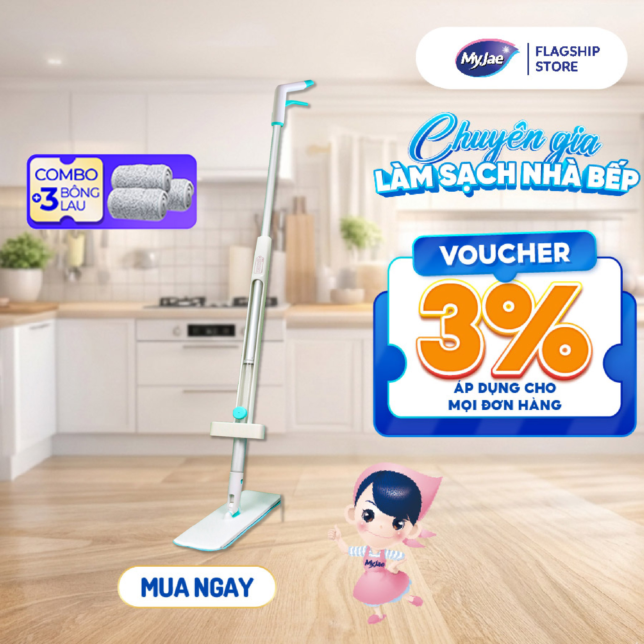 Combo 3 Bông Lau  1 Cây Lau Nhà MyJae Sợi Microfiber Tự Vắt Phun Sương Xoay 360 Độ Thông Minh 138cm