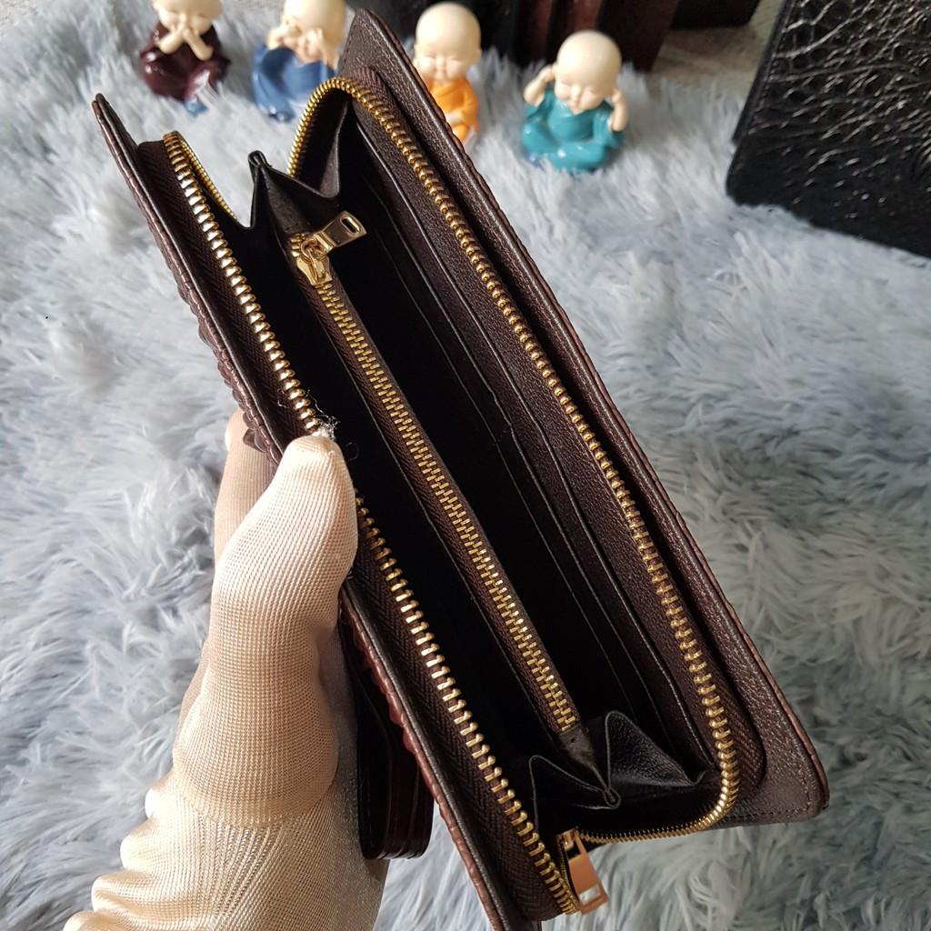 Ví Cầm Tay Cá Sấu Nữ/Nam | Ví Clutch Da Cá Sấu Gù To Một Khóa | Màu Nâu Cafe | Bảo Hành 24 Tháng.