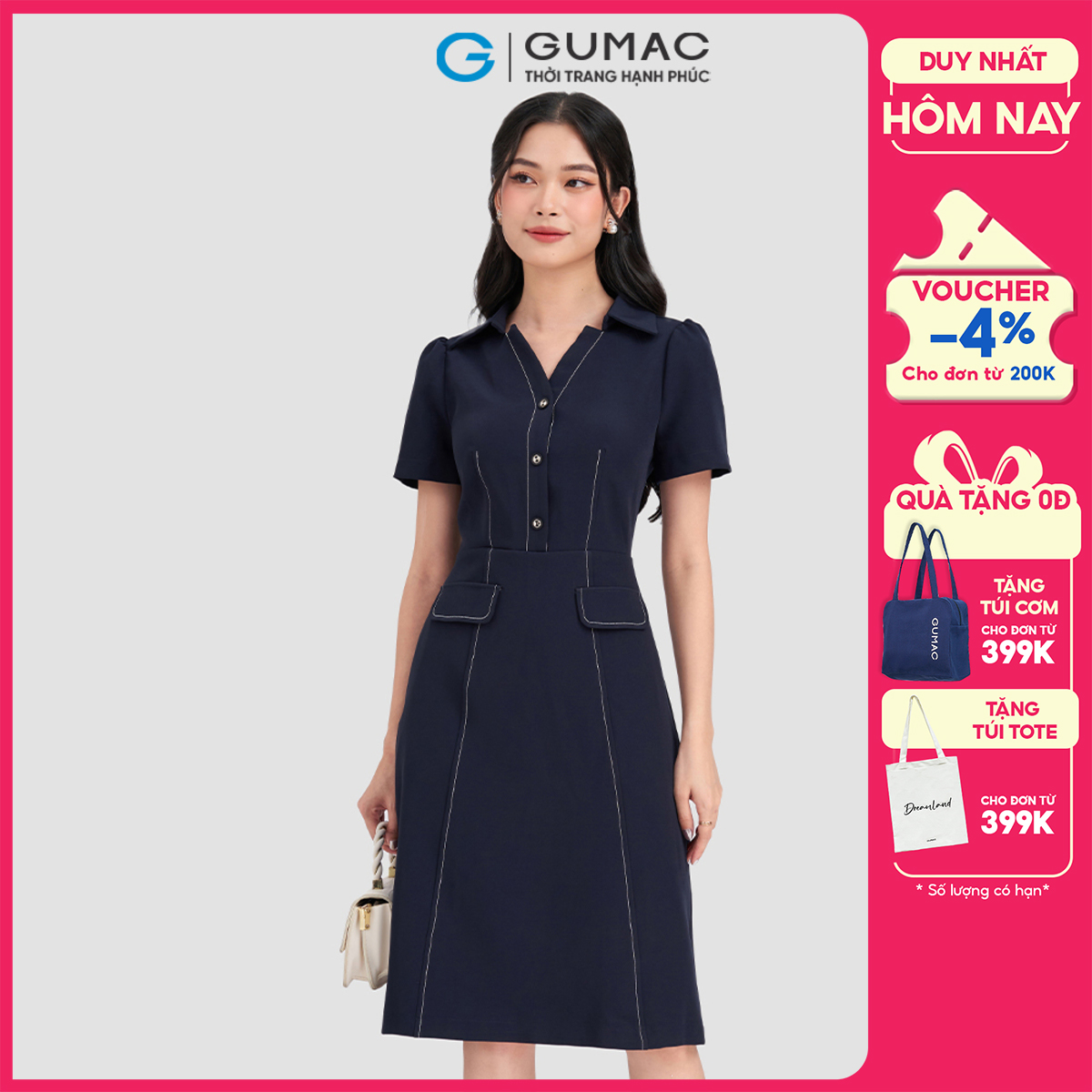 Đầm cổ đức chỉ viền GUMAC LDD0804