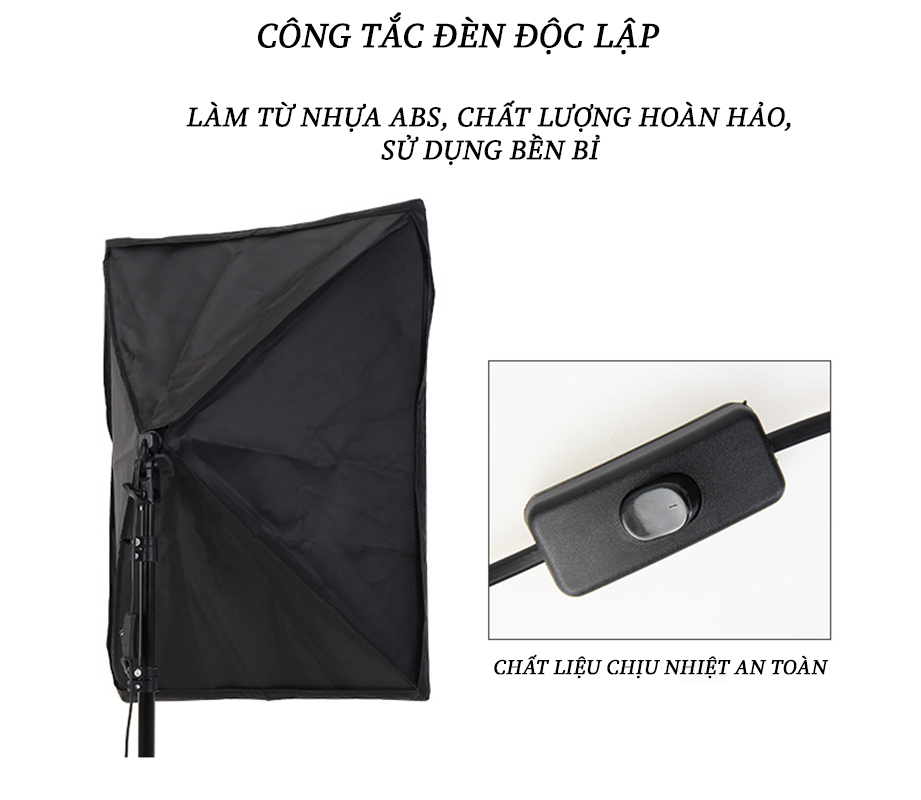 Bộ chân đèn TREO Chụp Ảnh Sản Phẩm, Studio, quay phim, Livestream chuyên nghiệp, gồm 01 chân đèn cao 2m kèm 01 Softbox 50x70cm + 01 thanh treo kèm đầy đủ phụ kiện dây cắm và công tắc đèn, túi cát đối trọng ( không kèm bóng)