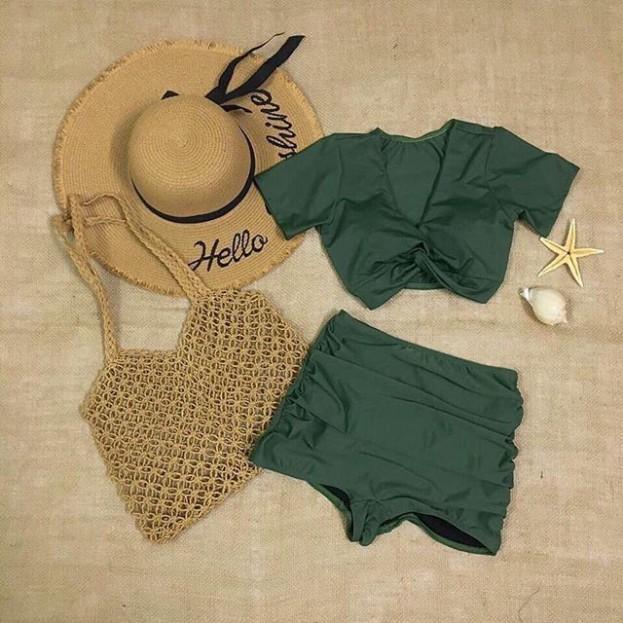 bikini hai mảnh áo croptop cộc tay sẵn mút nâng ngực quần đùi nhún che bụng