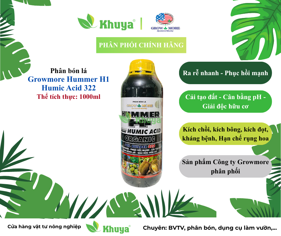 Phân bón lá Growmore Humer H1 Humic Acid 322 loại 1 Lít Phát Triển Thân, Chồi, Lá