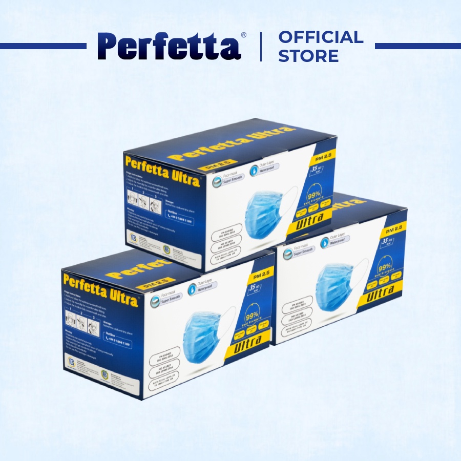 [Combo 3 HỘP - PERFETTA ULTRA] - Khẩu Trang Y Tế Chất Lượng Cao, Kháng Khuẩn, Chống Bụi Mịn PM 2.5, Màu Trắng, 4 Lớp, Bảo Vệ Tối Ưu, Đóng Gói Từng Cái - (35 cái/hộp)