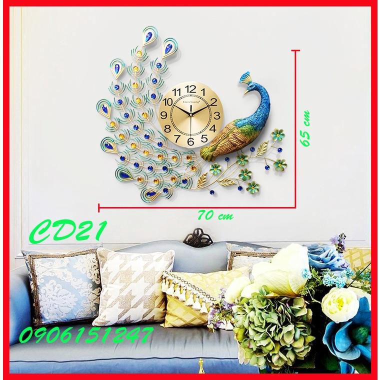 Đồng hồ treo tường trang trí decor chim công CD21 Khổng Tước xanh kích thước 70 x 65 cm