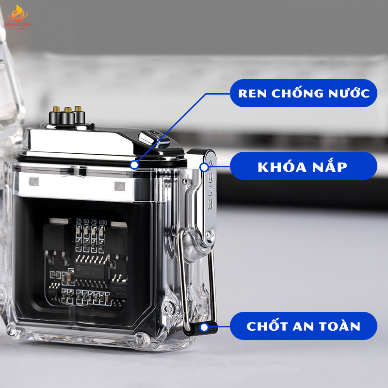 Hộp quẹt điện chống nước vỏ trong suốt, công nghệ 4 tia plasma chống gió sạc pin tiện lợi