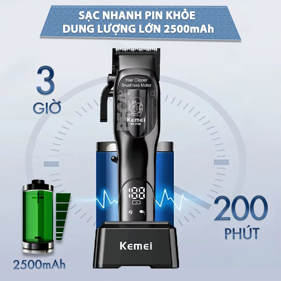 Tông đơ cắt tóc chuyên nghiệp Kemei KM-1766 lưỡi cắt mạ carbon DLC cao cấp có động cơ không chổi than màn hình LCD hiển thị công suất 5W - Chính hãng