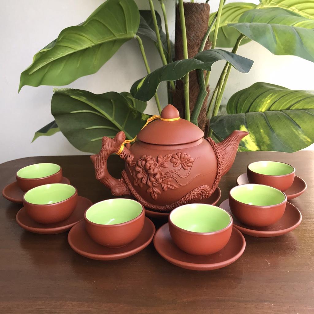 Bộ ấm chén trà Tử sa Bát Tràng Hoa Phù Dung đỏ 400ml