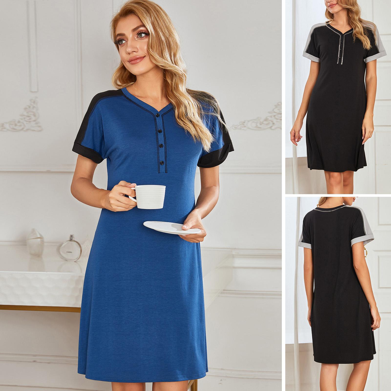Women Pajamas Nightdress Splicing V Neck Short Sleeve Button Soft Comfortable Homewear Sleepwear