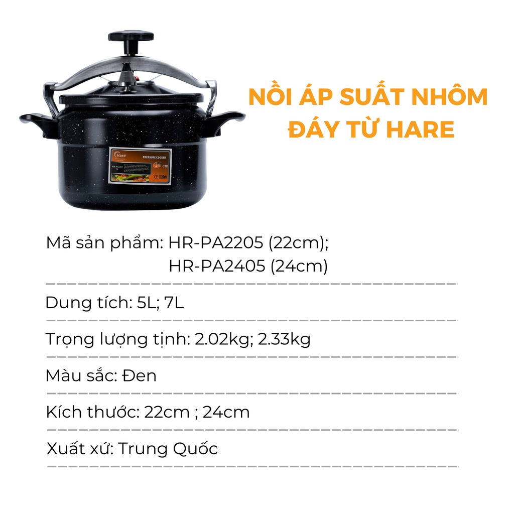 Nồi áp suất nhôm đáy từ 2 kích thước 22 24cm -hàng chính hãng thương hiệu Hare - bảo hành 12 tháng