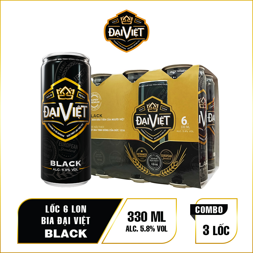 [Combo (18) lon 330ml] Bia Black Đại Việt, Bia đen sản xuất theo luật bia tinh dòng của Bia Đức, không hóa chất, Bia việt dành cho người có gu