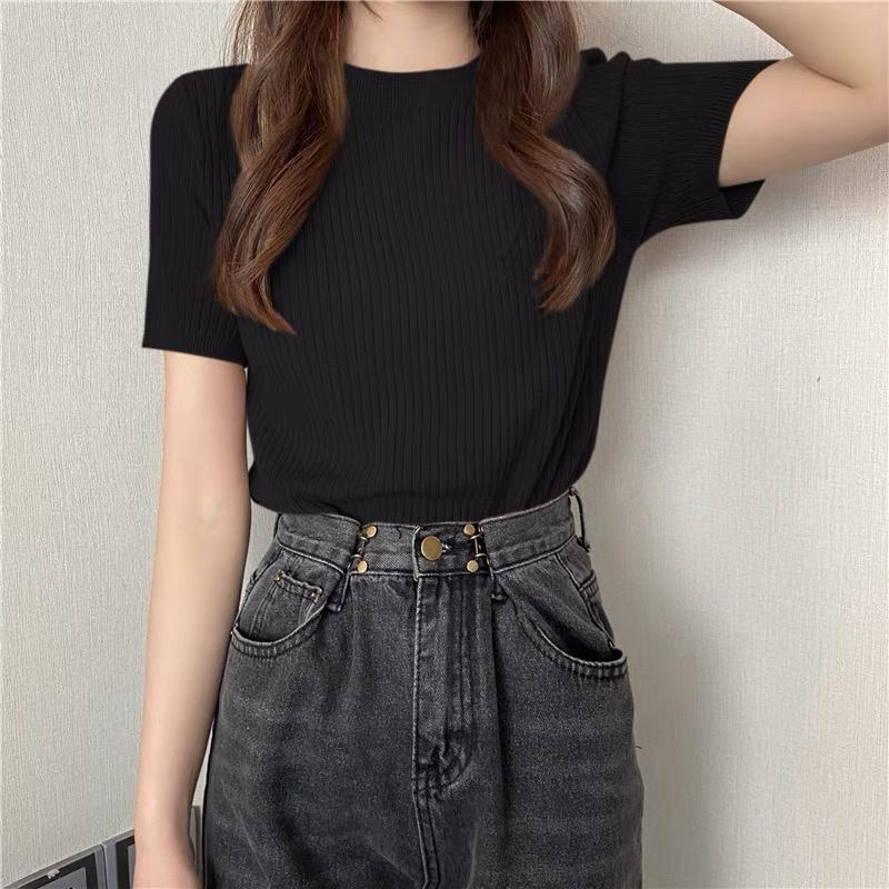 Áo Len Tăm Đũa Cộc Tay Nữ Dáng Ôm Kiểu Cổ Tròn Basic Dễ Mặc Phối Đồ Hàng Đẹp Quảng Châu Cao Cấp Trẻ Trung