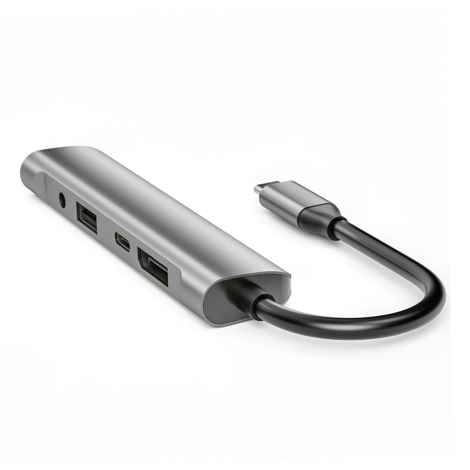 5 in 1 USB C Hub 2 USB 2.0 Ports 4K@60Hz DisplayPort 3.5mm Jack 60W PD Charger Multiport Adapters for Smartphones Tablets Desktop Headphones