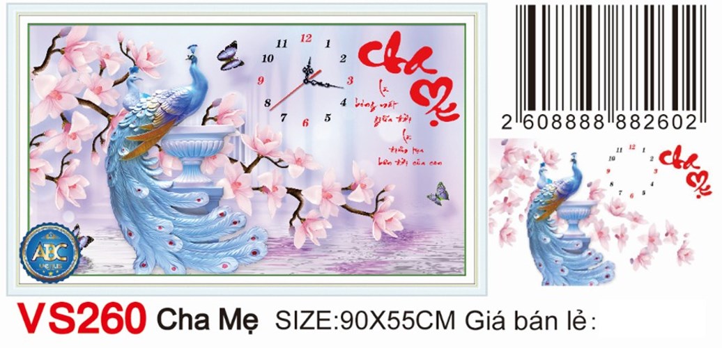 Tranh đính đá đồng hồ cha mẹ hoa sứ VS260 - 90 x 55 cm - chưa đính