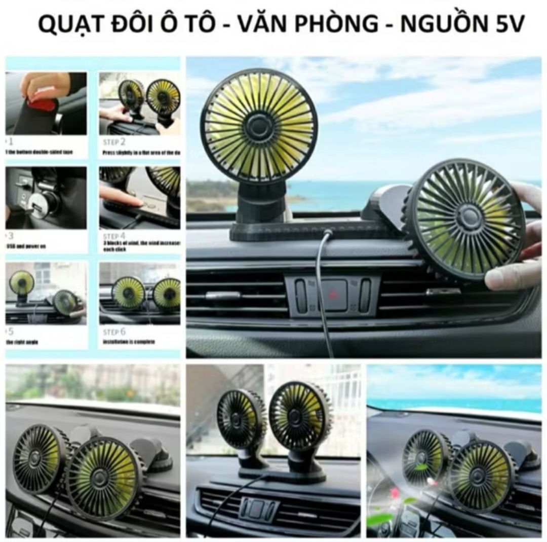 BỘ QUẠT ĐÔI 3 CẤP ĐỘ GIÓ SIÊU MÁT LẠNH TRÊN XE HƠI ÔTÔ CẮM CỔNG USB THUẬN TIỆN