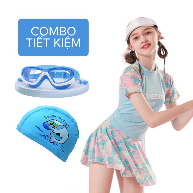 [HOẢ TỐC] Combo đồ bơi bé gái gồm áo váy bơi, mũ bơi, kính bơi bé gái Nemo Bikini - CBG1 - Hồng