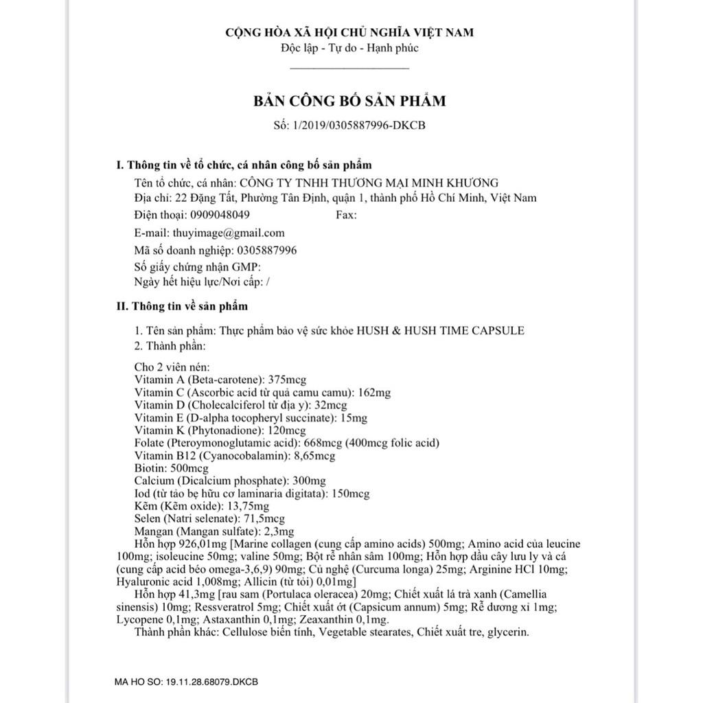 Viên Uống Chống Nắng, Mờ Thâm Nám, Chống Lão Hóa, Trắng Sáng Da Image Hush & Hush Time Capsule 60viên