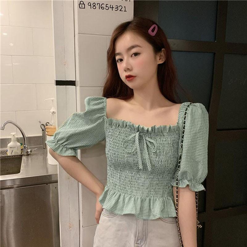 Áo Kiểu Tay Phồng Cổ Vuông Phối Nơ Họa Tiết Sọc Caro Phong Cách Retro