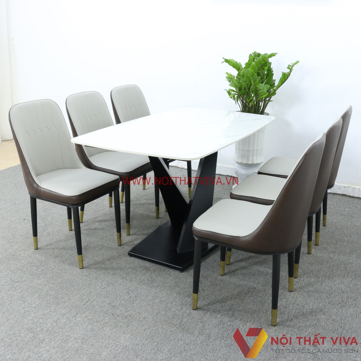 Bộ Bàn Ăn 6 Ghế Bọc Nệm Chân Chữ X Sơn Tĩnh Điện Mặt Đá Trắng Hiện Đại